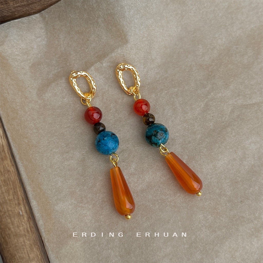 A廠【6929】文藝復古設計師款天然石紅瑪瑙長款水滴流蘇新款耳環耳環飾品
 25.10-3