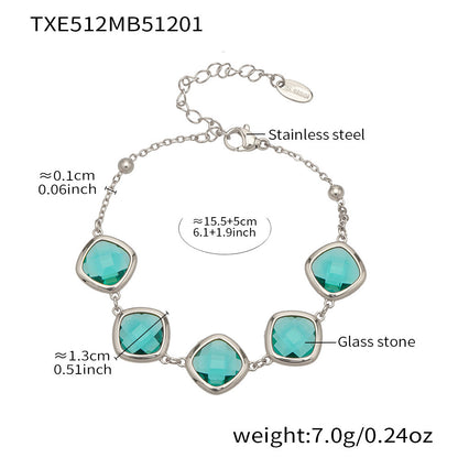 B廠【TXP512】不銹鋼正方形切面玻璃石手鍊項鍊耳環套裝歐美風潮酷氣質珠寶首飾
 25.12-2