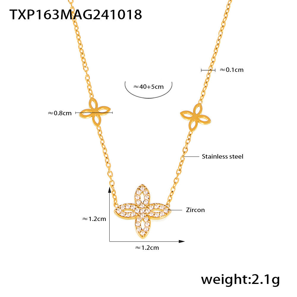 B廠【TXP163】歐美飾品四葉花鋯石超閃項鍊手鍊唯美套組不鏽鋼鍍真金保色 24.10-4