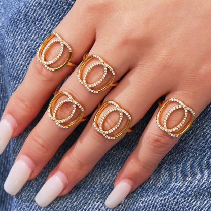 B廠【A462】不鏽鋼雙環C線開口白鑽太陽能石戒指歐美個性百搭輕奢指環 25.07-4