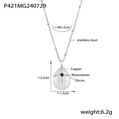 B廠【P421】歐美跨境輕奢貝殼紋理十字鑲鑽鋯石吊墜不銹鋼鎖骨項鍊新款項飾女 24.08-2