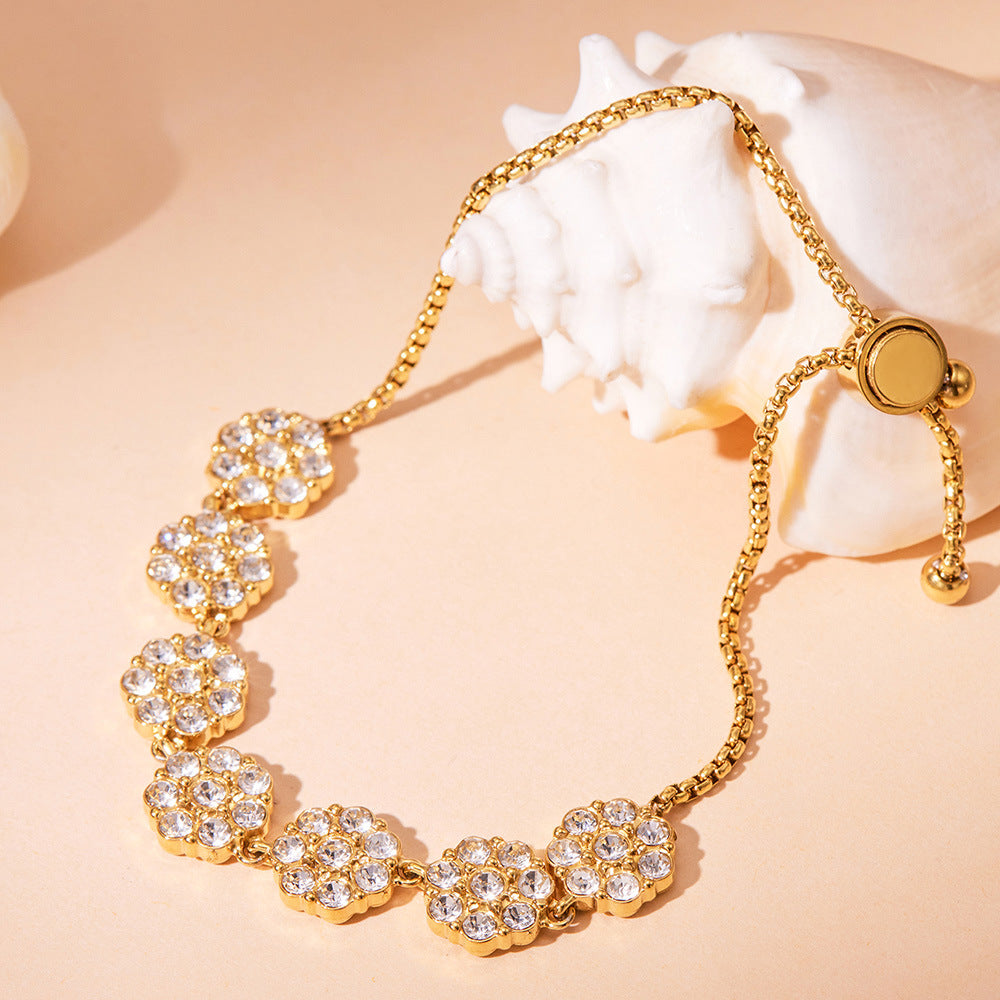 B廠【E161】亞馬遜跨境熱賣鑲鋯石花朵可調式抽拉手鍊ins風鏈不鏽鋼鍍18k金
 26.06-2