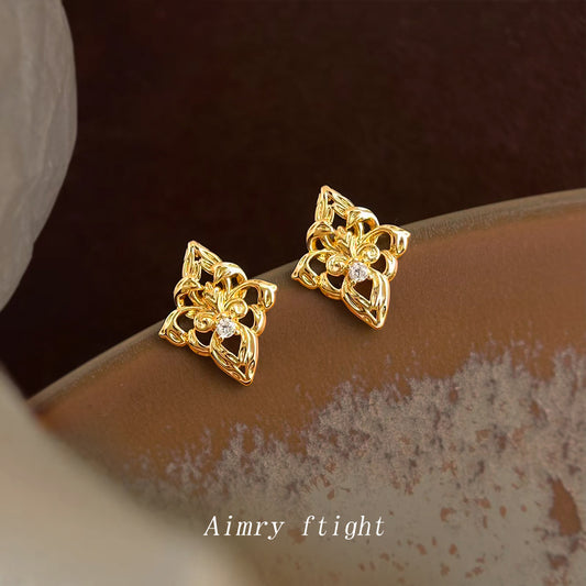 A廠【7164】鳶尾花原創設計微鑲鋯石925銀針鍍14K時尚高級感輕奢風耳飾耳環女
 25.11-4