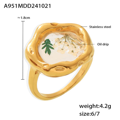 B廠【A951】歐美小眾滴油乾燥花戒指輕奢感冷淡風植物花卉不鏽鋼食指戒女 24.10-4