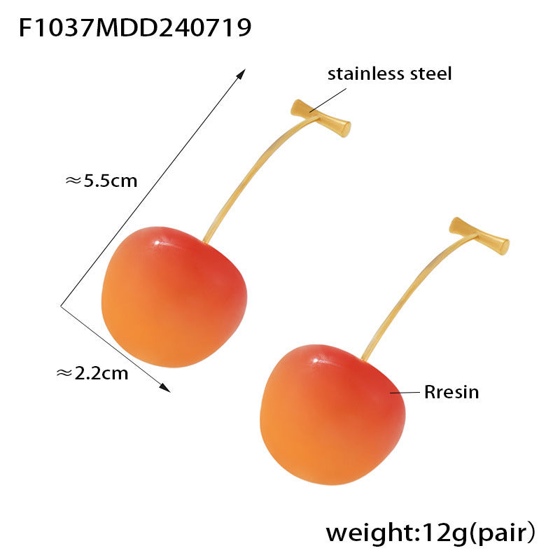 B廠【F1037】歐美小清新櫻桃長款耳環女個性網紅不鏽鋼樹脂車厘子創意氣質耳環 24.07-4