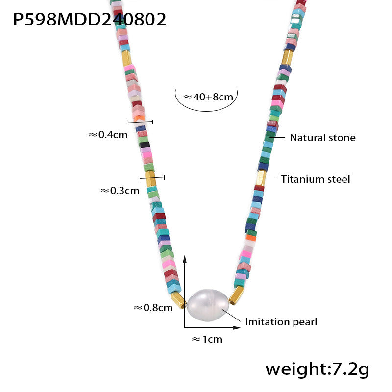 B廠【P598】赫本風新款幾何仿珍珠吊墜串彩色天然石方形切面項鍊鈦鋼鏈條配件 24.08-2