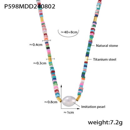 B廠【P598】赫本風新款幾何仿珍珠吊墜串彩色天然石方形切面項鍊鈦鋼鏈條配件 24.08-2