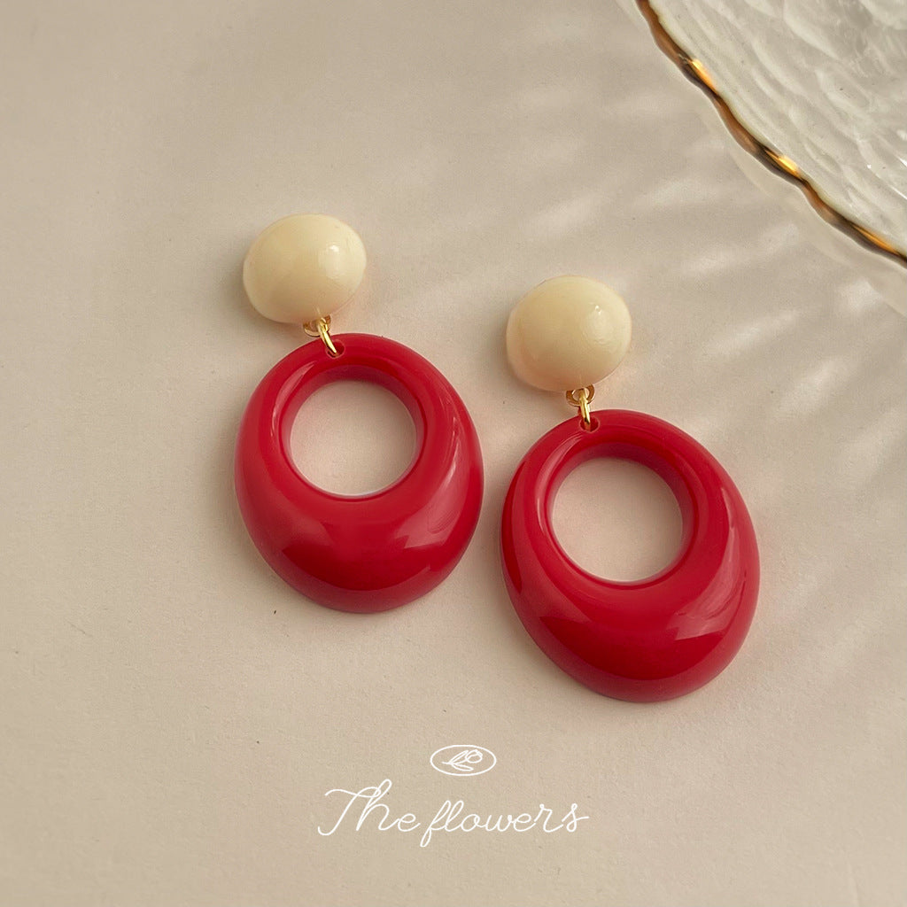 C廠【7034】港風復古圓形幾何時尚高級感紅色新款耳環飾品耳環
 25.11-1