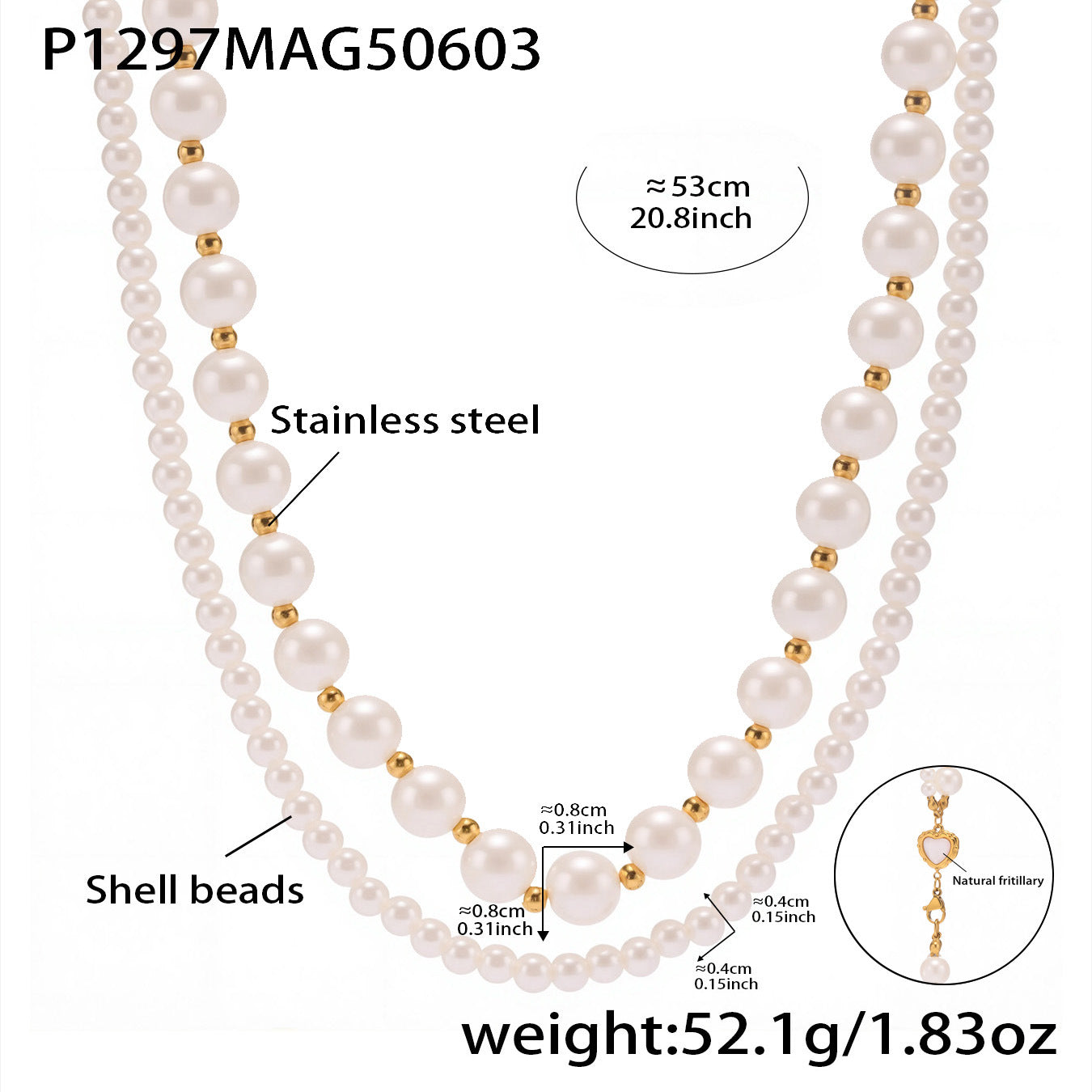 B廠【P1297】不鏽鋼鋼珠施家貝珠雙層項鍊媽媽款愛心卡扣18k鍍金不掉色 25.06-1