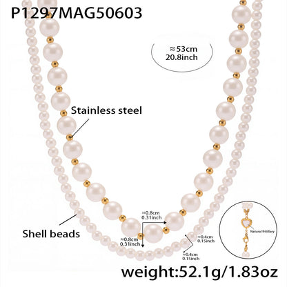 B廠【P1297】不鏽鋼鋼珠施家貝珠雙層項鍊媽媽款愛心卡扣18k鍍金不掉色 25.06-1
