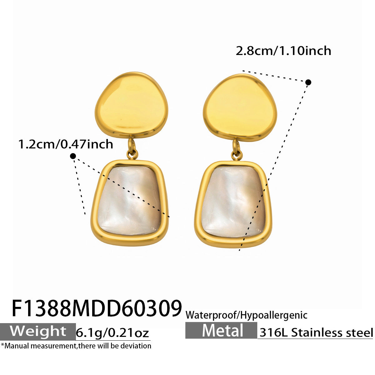B廠【F1388】歐美316L不鏽鋼搭配貝母高階設計耳環小眾設計潮流耳環不鏽鋼鍍金
 26.03-3