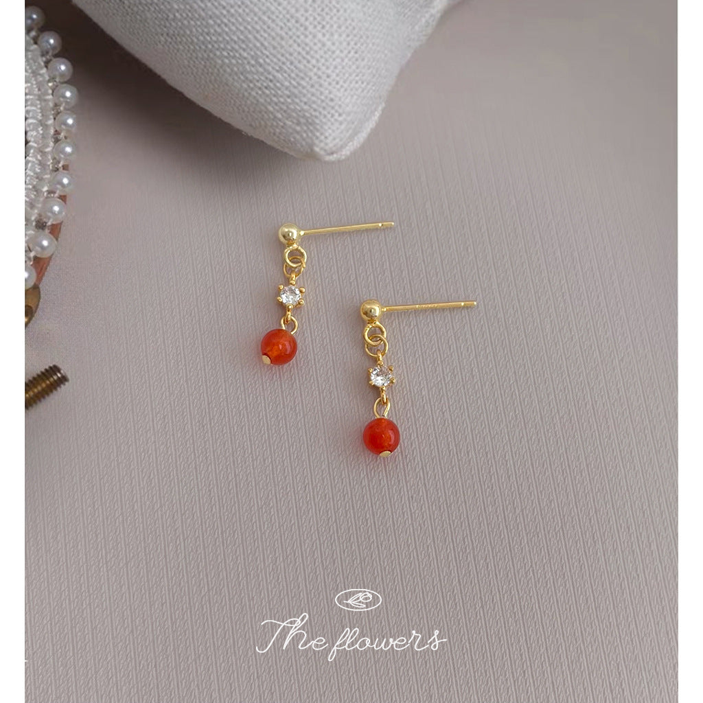 C廠【7052】迷你版簡約小巧紅瑪瑙手工藝設計感新款耳飾鋯石輕奢風飾品
 25.11-2