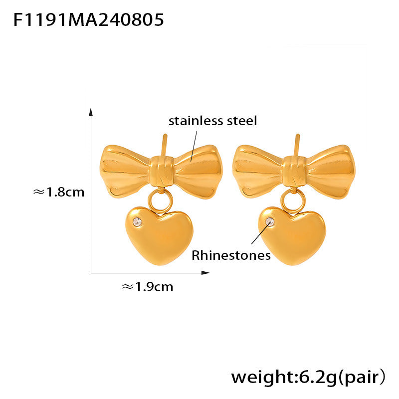 B廠【F1191】跨國新款愛心褶皺蝴蝶結微鑲鑽玻璃石耳環簡約氣質不鏽鋼鍍金耳飾 24.08-3