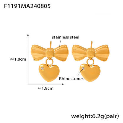 B廠【F1191】跨國新款愛心褶皺蝴蝶結微鑲鑽玻璃石耳環簡約氣質不鏽鋼鍍金耳飾 24.08-3