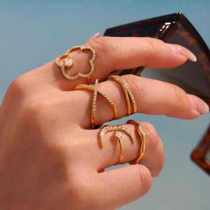 B廠【A745】ins輕奢風5A鋯石小鑽五葉花開口可調式戒指不鏽鋼鍍18k真金 25.05-3