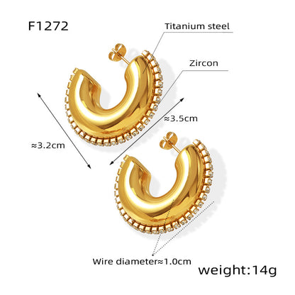 B廠【F1272】復古港風金屬C型耳環光面鑲鋯石小眾設計耳環高級感鍍真金耳飾女 24.01-2