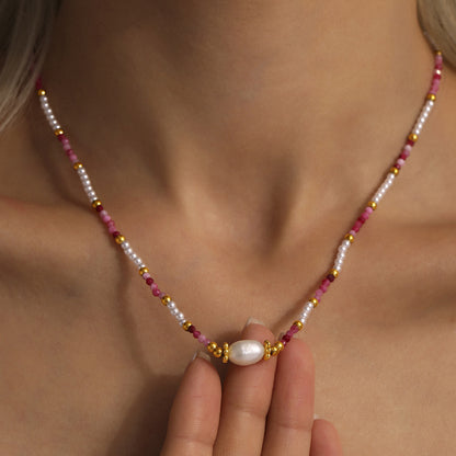 B廠【P1993】ins跨境施家貝珠切面天然石手工鏈串珠米珠項鍊不鏽鋼飾品 25.03-4