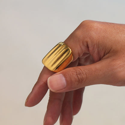 B廠【A739】ins誇張設計戒指不銹鋼材質鍍18k真金錘紋寬面開口調節指環 25.05-3