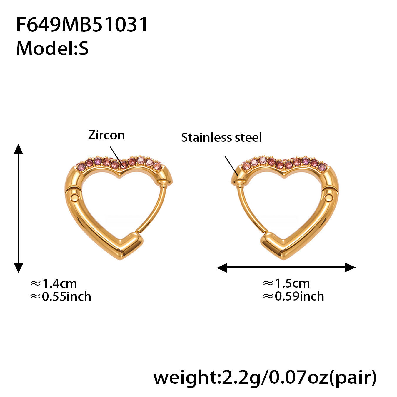 B廠【F649】跨境新款愛心彩色鋯石耳環耳環不鏽鋼鍍18k金時尚百搭耳飾
 25.11-1