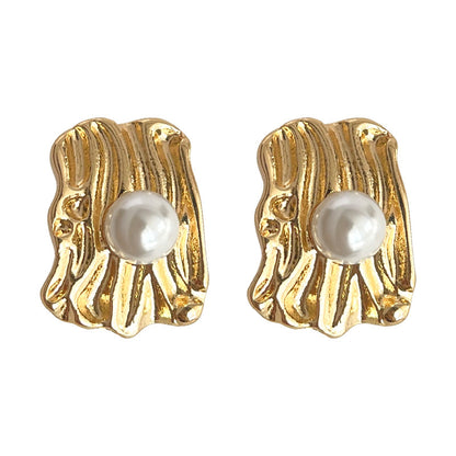 C廠【4399】不規則藝術氣息肌理紋線條感幾何鍍14K珍珠耳環時尚通勤簡約耳飾 24.07-1