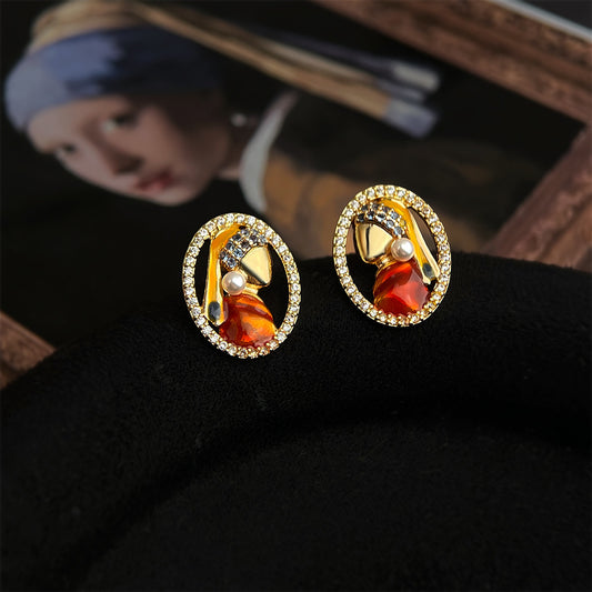 A廠【7239】原創珍珠少女925銀針微鑲鋯石手工彩繪人像幾何耳飾 新款文藝耳環
 25.12-3