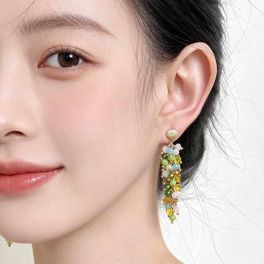 A廠【7646】度假風甜美長款玻璃水晶七彩夏日多巴胺色手工流蘇耳環民族風耳飾
 26.06-1