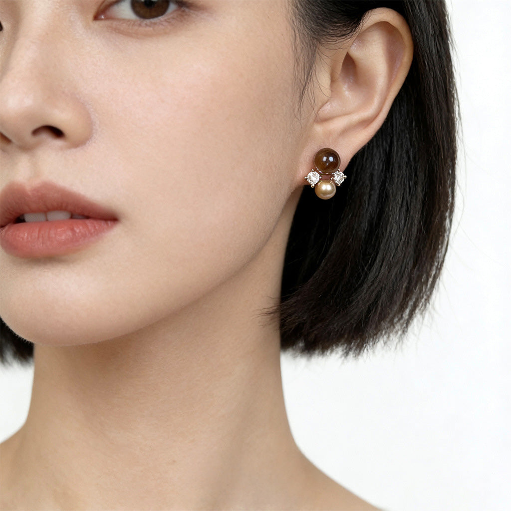 A廠【7233】美拉德風文藝復古天然石虎眼石925銀針鋯石幾何耳環新耳飾
 25.12-2