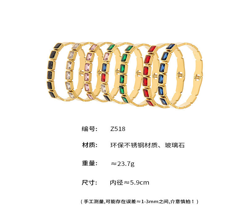B廠【Z518】不鏽鋼方形彩色玻璃石手鐲ins小眾設計歐美潮酷飾品鍍18k金不掉色
 25.12-2