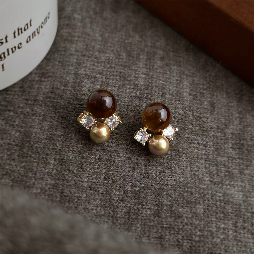 A廠【7233】美拉德風文藝復古天然石虎眼石925銀針鋯石幾何耳環新耳飾
 25.12-2