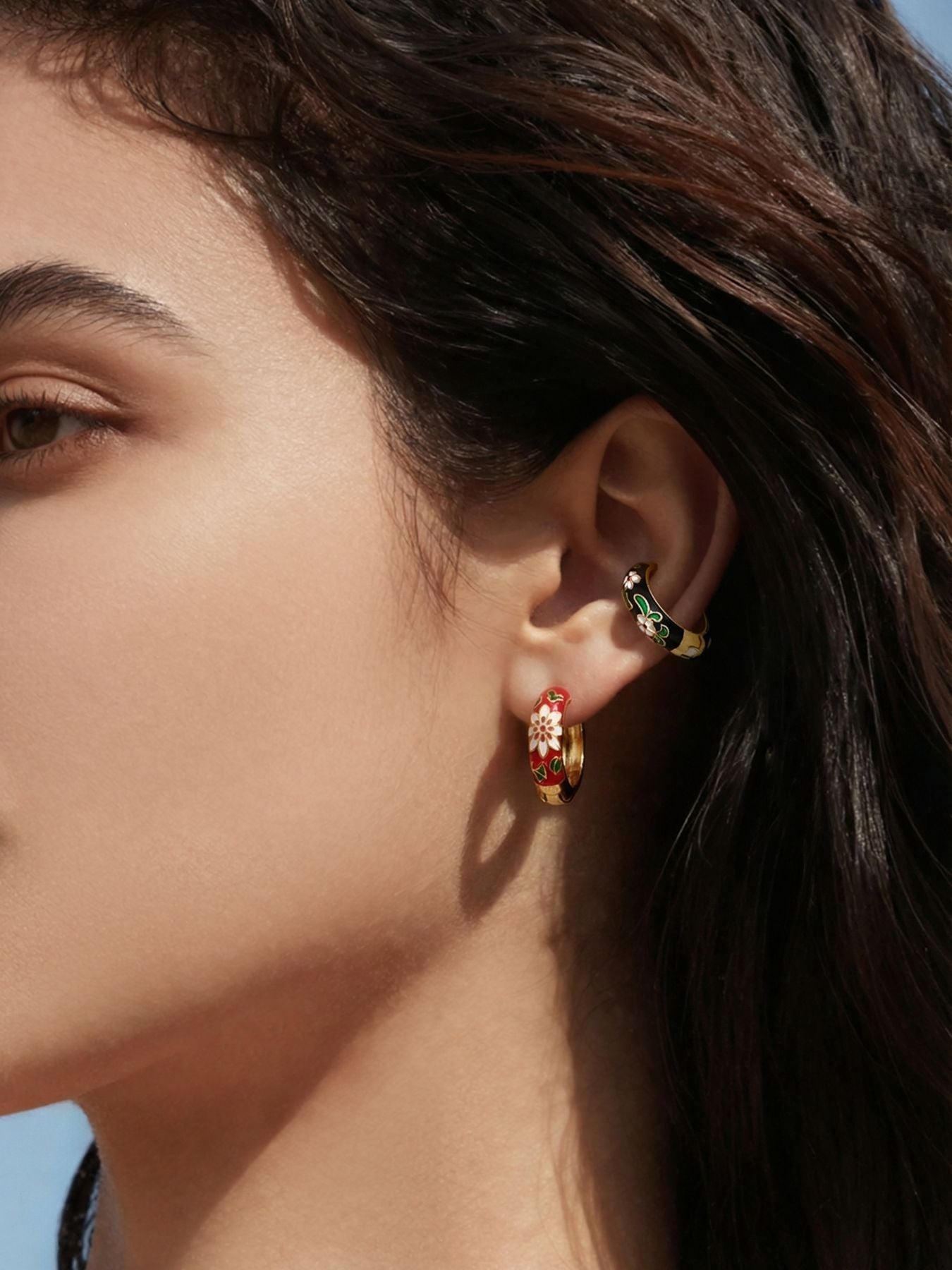 B廠【F1156】新中式琺瑯彩釉印花圓圈耳扣不銹鋼鍍18k真金彩色滴油花朵耳環女
 25.12-4