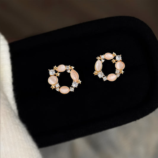 A廠【6958】原創設計玻璃貓眼石微鑲鋯石耳環鍍銀針通勤高級感圓耳飾鍍14K
 26.03-3