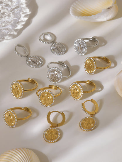 B廠【TXF325】超閃5A鋯石圓牌耶穌滿鑽設計耳環戒指組不鏽鋼18k鍍真金 25.08-2