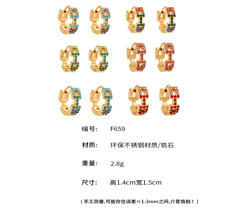 B廠【F659】方塊彩鑽鋯石超閃精緻小耳扣耳環不鏽鋼鍍18k真金百搭耳飾
 25.11-1