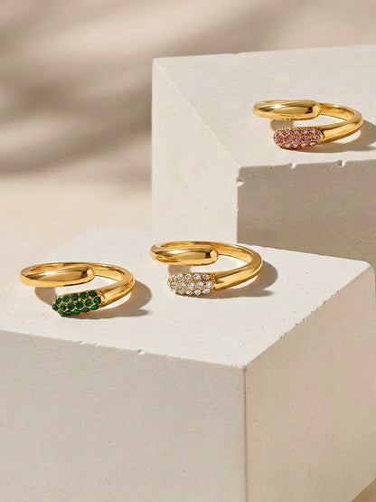 B廠【A002】跨國歐美ins時尚簡約粉綠白三色水鑽開口戒指不鏽鋼鍍18K真金飾品
 26.01-2