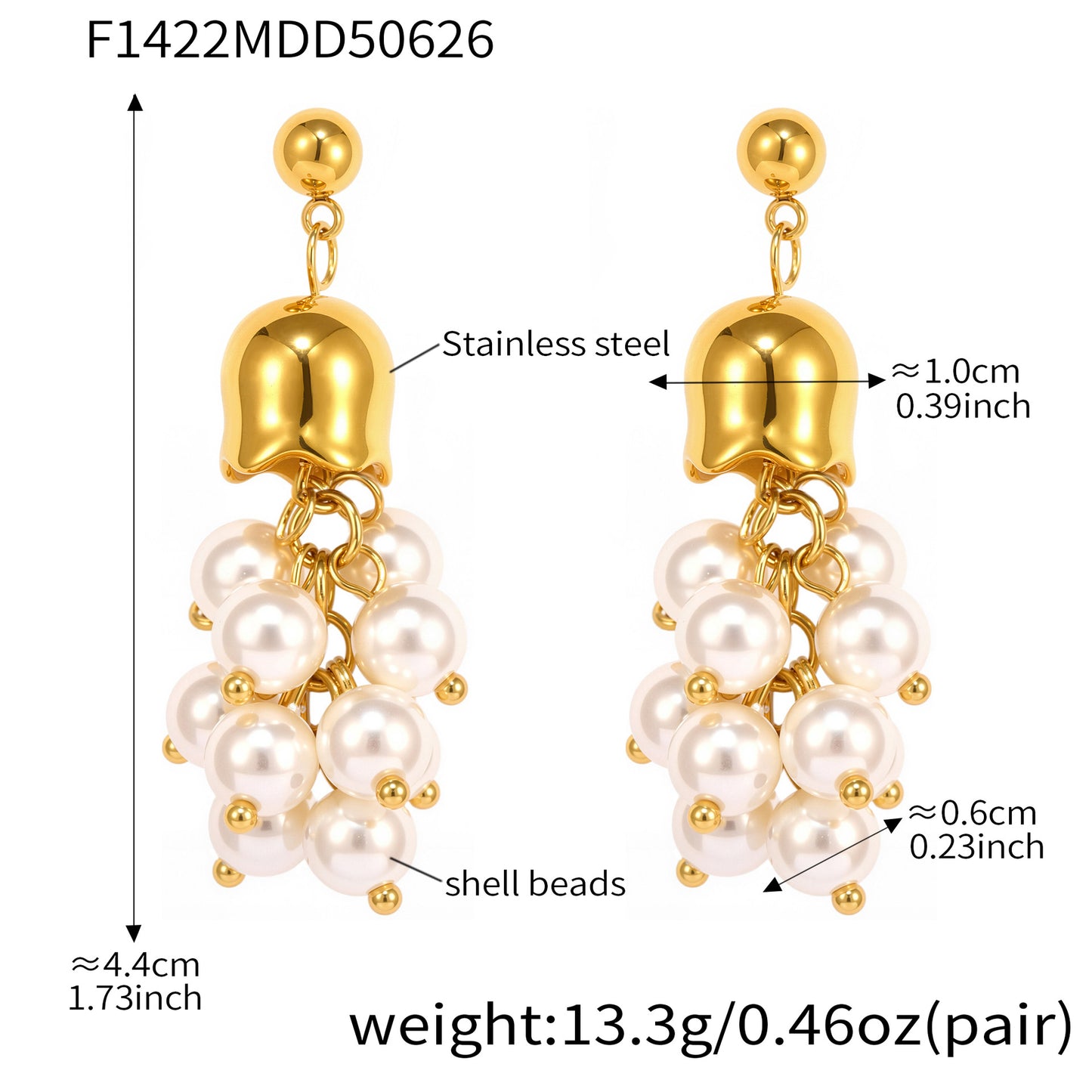 B廠【F1422】天然綠東陵石貝珠流蘇小葡萄造型耳環不鏽鋼18k鍍金耳環女 25.07-1