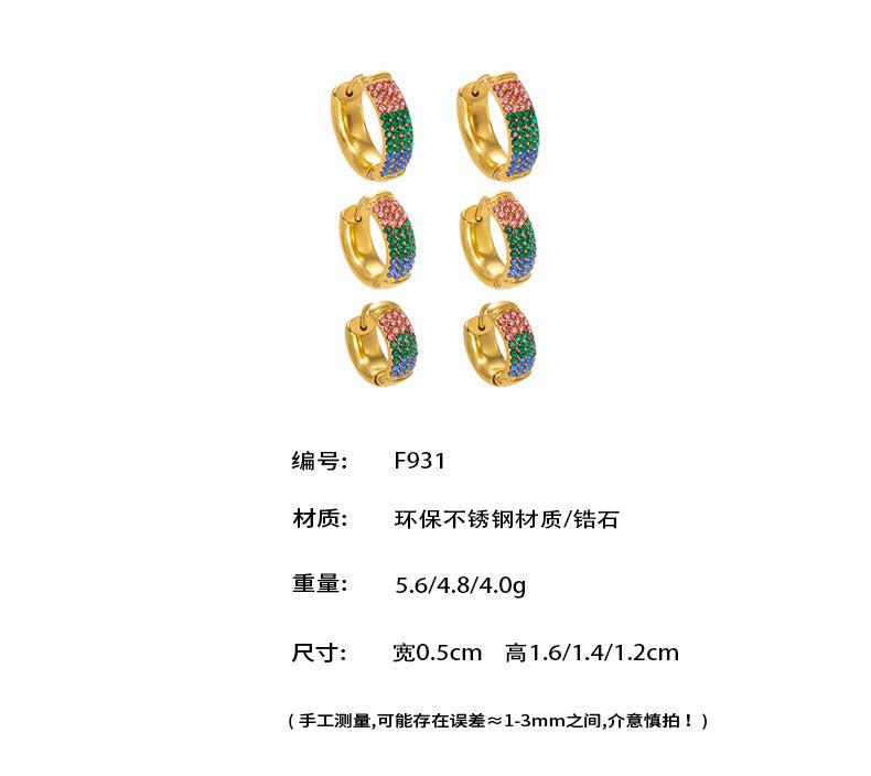 B廠【F931】彩色鋯石拼色圓圈耳環大中小尺寸耳扣不銹鋼鍍18k真金飾品
 25.11-2