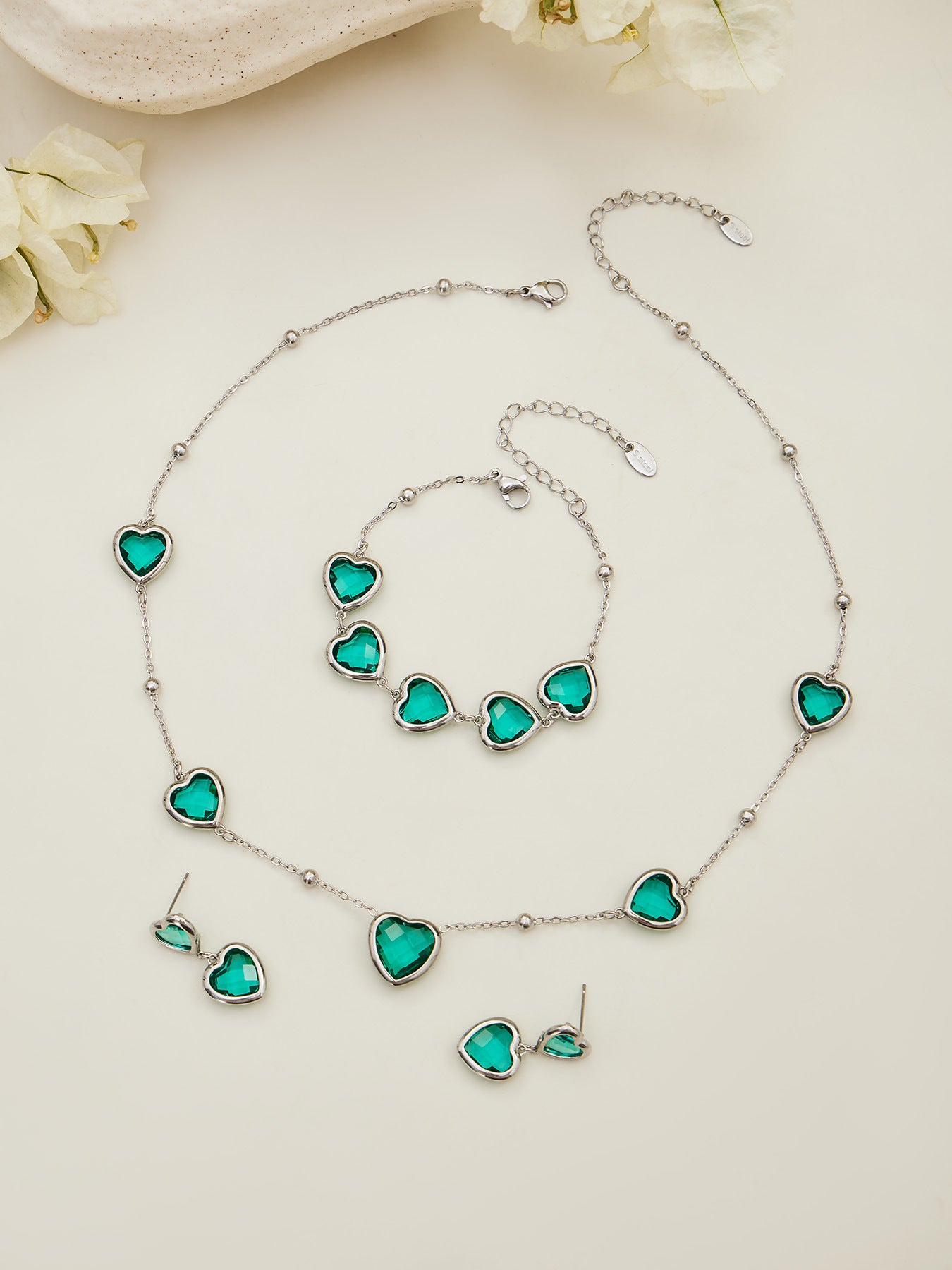 B廠【TXP510】不鏽鋼愛心切麵包邊玻璃石鋼珠項鍊手鍊耳環組鍍18k真金不掉色
 25.12-2