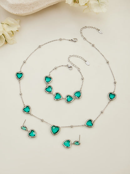 B廠【TXP510】不鏽鋼愛心切麵包邊玻璃石鋼珠項鍊手鍊耳環組鍍18k真金不掉色
 25.12-2