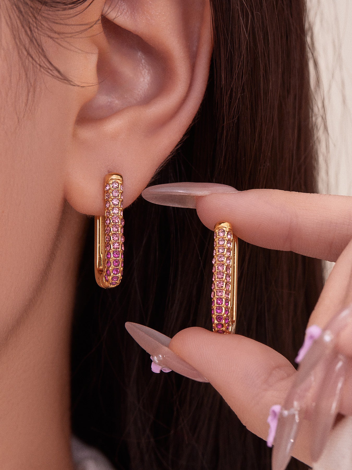 B廠【F836】跨國新款彩色5A鋯石長款U型耳扣耳圈不鏽鋼鍍18k真金不掉色
 25.11-2