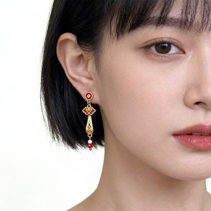 A廠【7214】新年款玉如意琺瑯手工彩繪滴釉紅色新款耳飾長款國潮耳環飾品
 25.12-2
