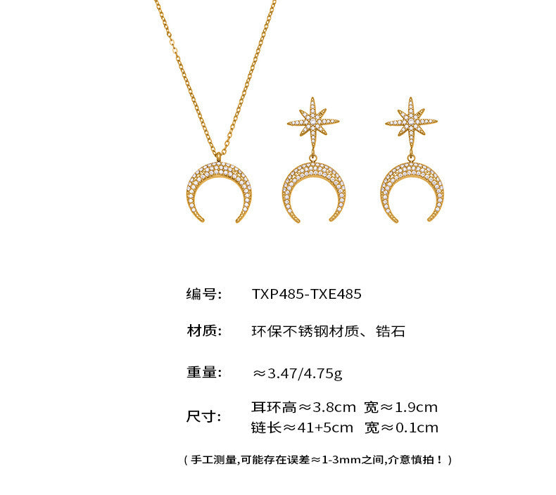 B廠【TXP485】歐美熱銷新品不銹鋼5A鋯石八芒星月牙吊墜耳環項鍊首飾套裝
 25.11-4