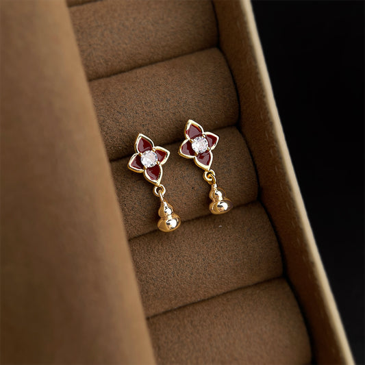 A廠【7245】時尚港風高級感925銀針微鑲鋯石酒紅色幾何葫蘆新款耳飾耳環
 25.12-4