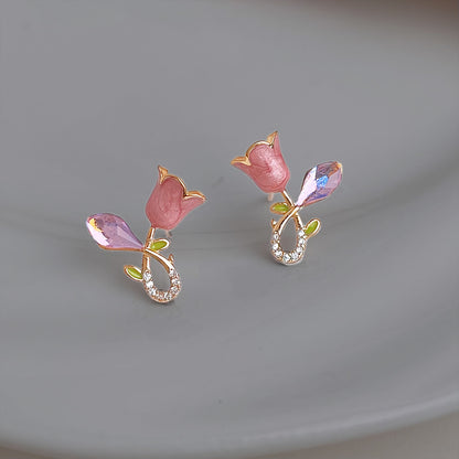 A廠 【2268】油畫感甜美鬱金香耳環小眾設計感藤蔓鋯石粉色花朵可愛少女感耳飾
 26.03-3