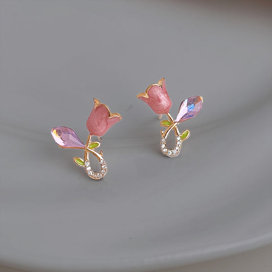 A廠 【2268】油畫感甜美鬱金香耳環小眾設計感藤蔓鋯石粉色花朵可愛少女感耳飾
 26.03-3