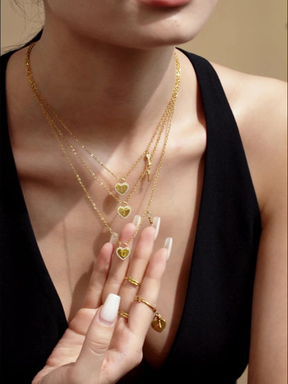 B廠【TXP299】歐美不銹鋼5A鋯石愛心鎖頭鑰匙棍吊墜鎖骨項鍊戒指飾品套裝 25.07-2