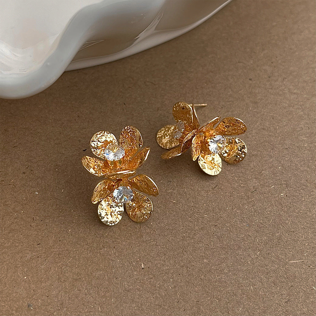 A廠【5174】金屬鑲鑽花瓣耳環復古銀針耳飾
 26.10-4