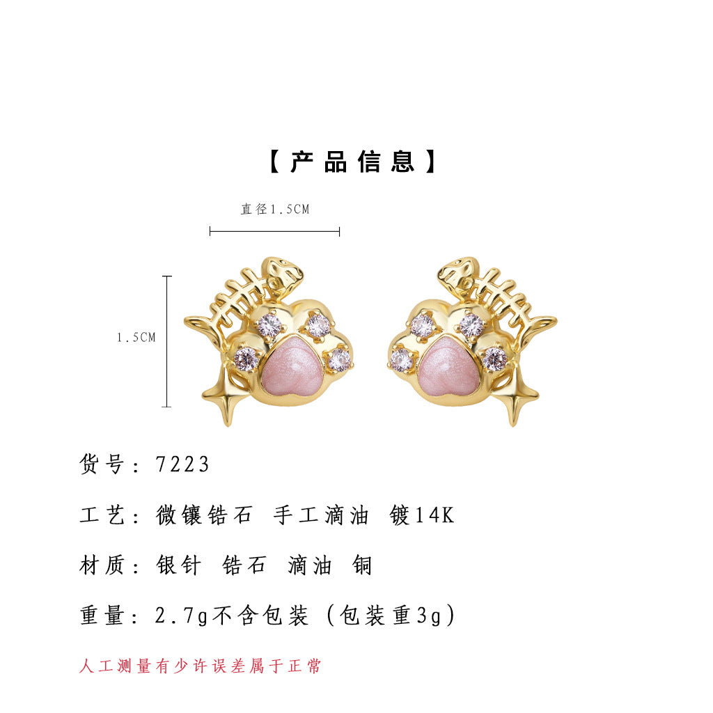 A廠【7223】原創清新甜美可愛小清新ins925銀針小香風新款貓抓小魚耳飾耳環女
 25.12-3