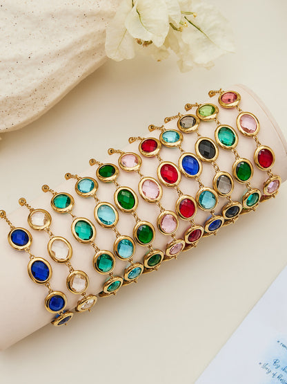 B廠【TXP511】不鏽鋼幾何橢圓切面玻璃石包邊項鍊手鍊耳環組鍍18k金跨國首飾
 25.12-2