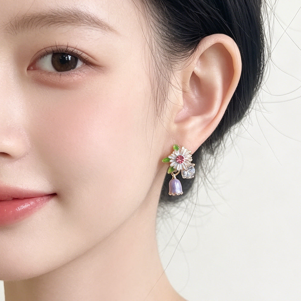 A廠【7741】森系清新甜美手工彩繪琺瑯滴釉水鑽花朵耳飾 個性小眾ins耳環
 26.06-3