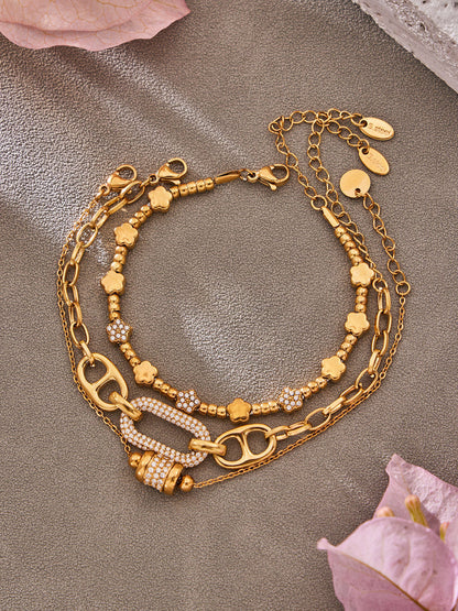 B廠【E223】歐美風氣質百搭日字微鑲鋯石手鍊組合不鏽鋼鍍18k真金時尚冷淡風
 26.03-2